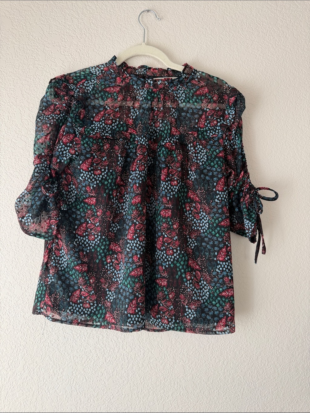LOFT Floral Tie-Sleeve Blouse in Black, Green & Pink